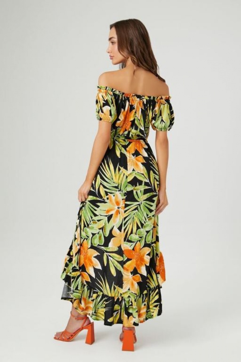 Vestido Forever 21 Tropical Off The Shoulder Maxi Mujer Negras Multicolor | SZVbpL0Erwi