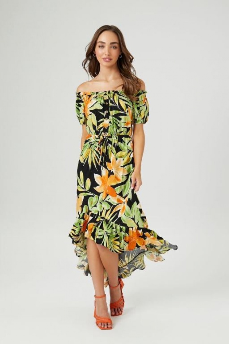 Vestido Forever 21 Tropical Off The Shoulder Maxi Mujer Negras Multicolor | SZVbpL0Erwi