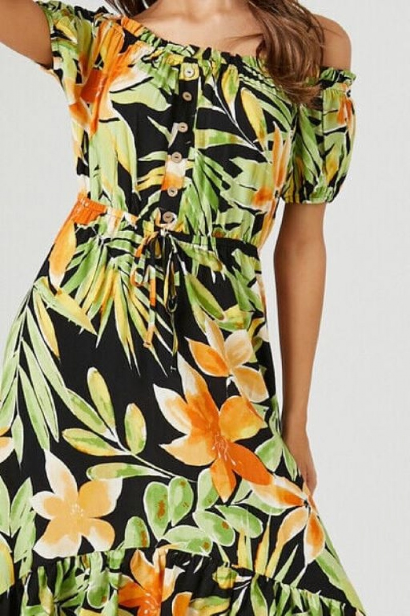 Vestido Forever 21 Tropical Off The Shoulder Maxi Mujer Negras Multicolor | SZVbpL0Erwi