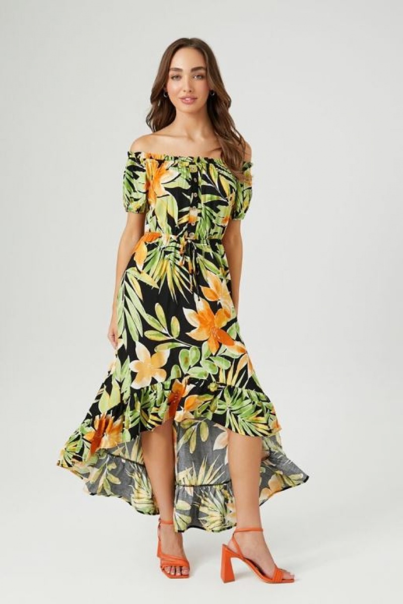 Vestido Forever 21 Tropical Off The Shoulder Maxi Mujer Negras Multicolor | SZVbpL0Erwi