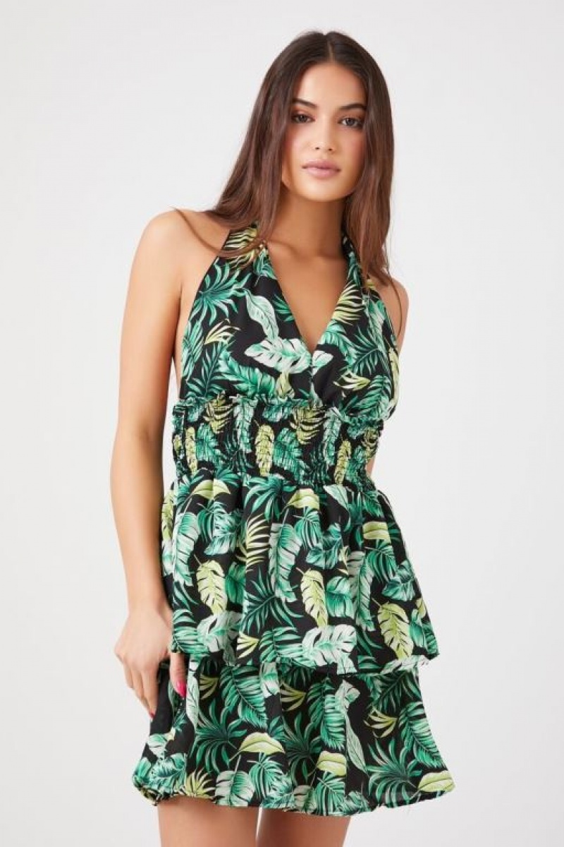 Vestido Forever 21 Tropical Print Halter Mini Mujer Verde Multicolor | OFQbyXPvwrC