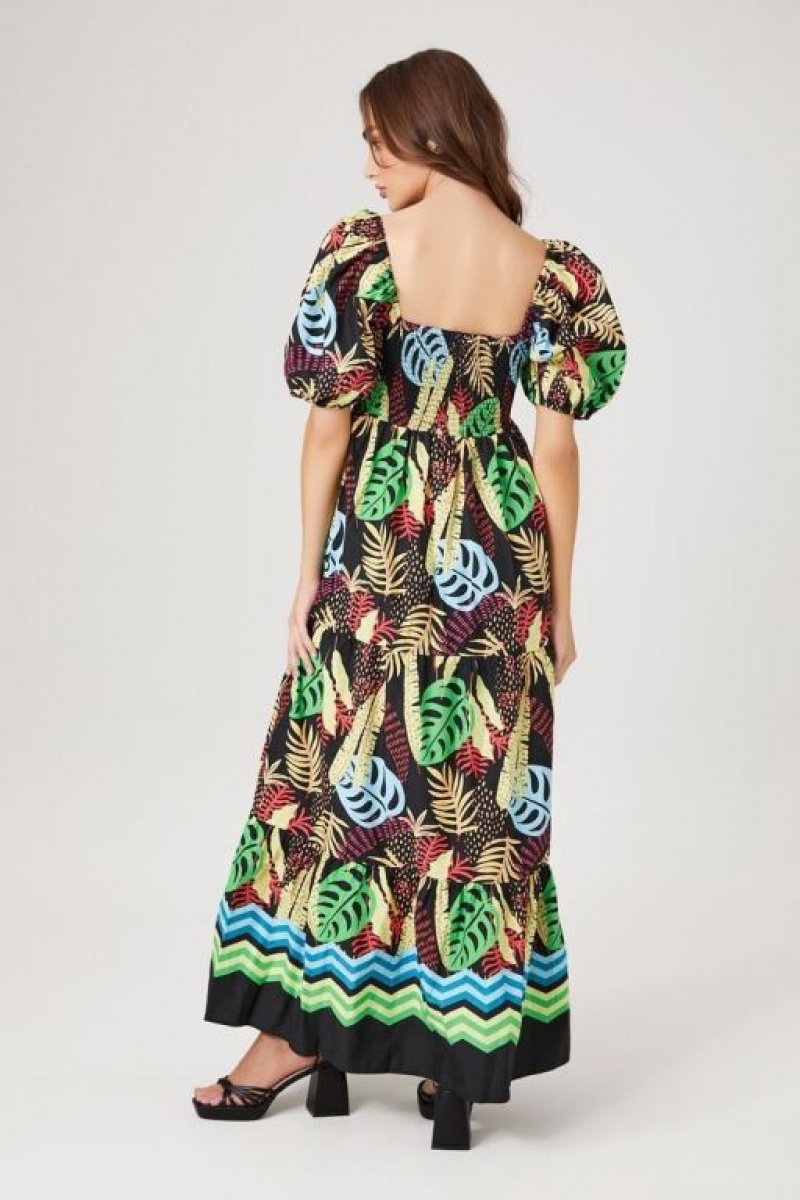 Vestido Forever 21 Tropical Print Maxi Mujer Negras Multicolor | dJjieVWA1nh