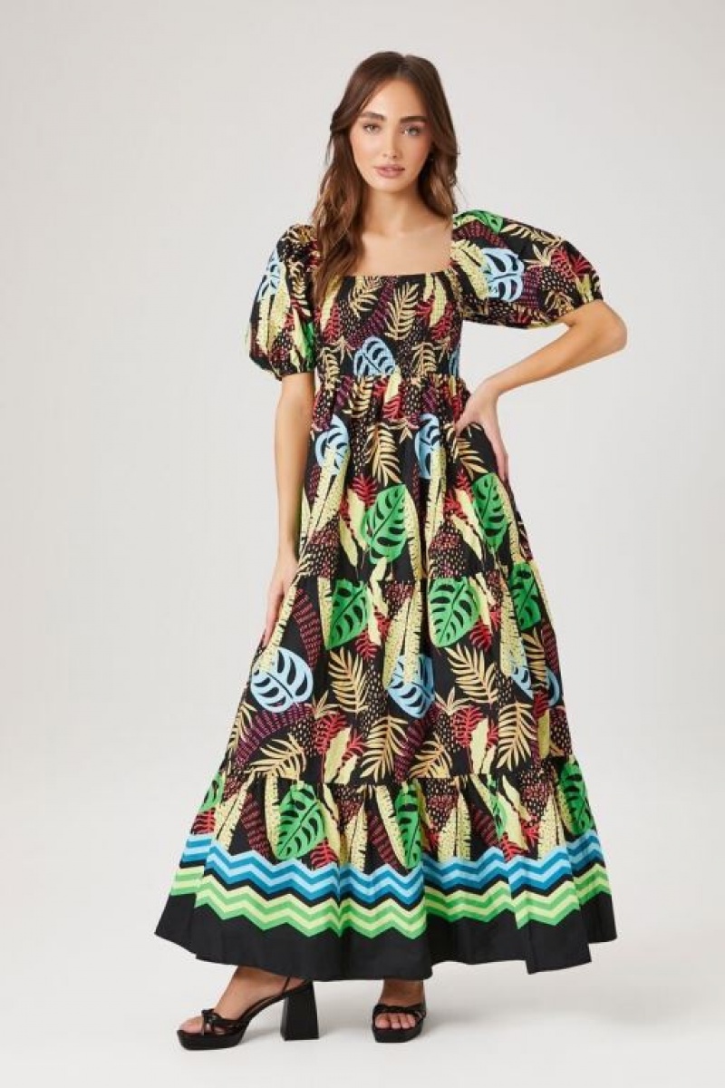 Vestido Forever 21 Tropical Print Maxi Mujer Negras Multicolor | dJjieVWA1nh