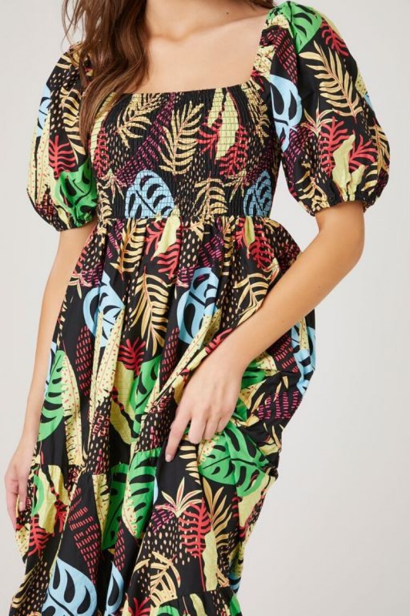 Vestido Forever 21 Tropical Print Maxi Mujer Negras Multicolor | dJjieVWA1nh