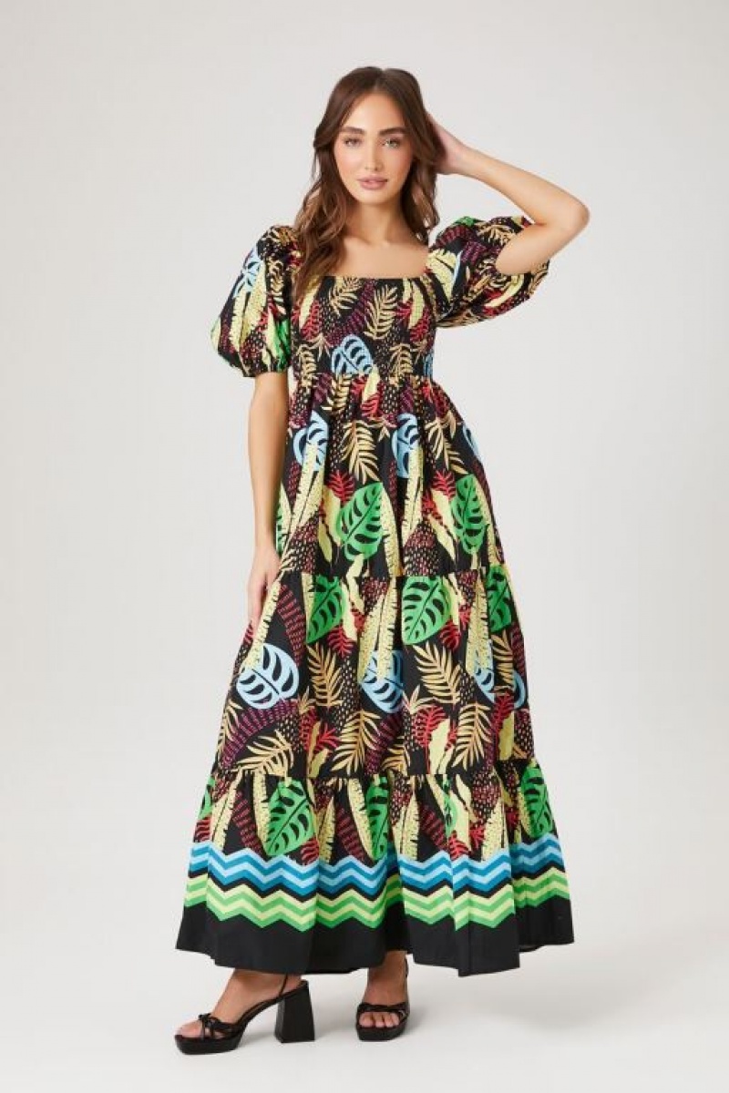 Vestido Forever 21 Tropical Print Maxi Mujer Negras Multicolor | dJjieVWA1nh