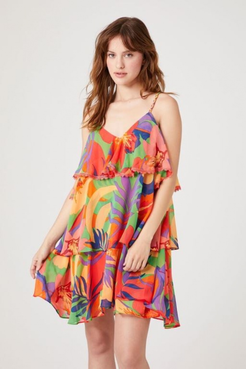 Vestido Forever 21 Tropical Print Tiered Mujer Rojas Multicolor | e820XRwOfwN