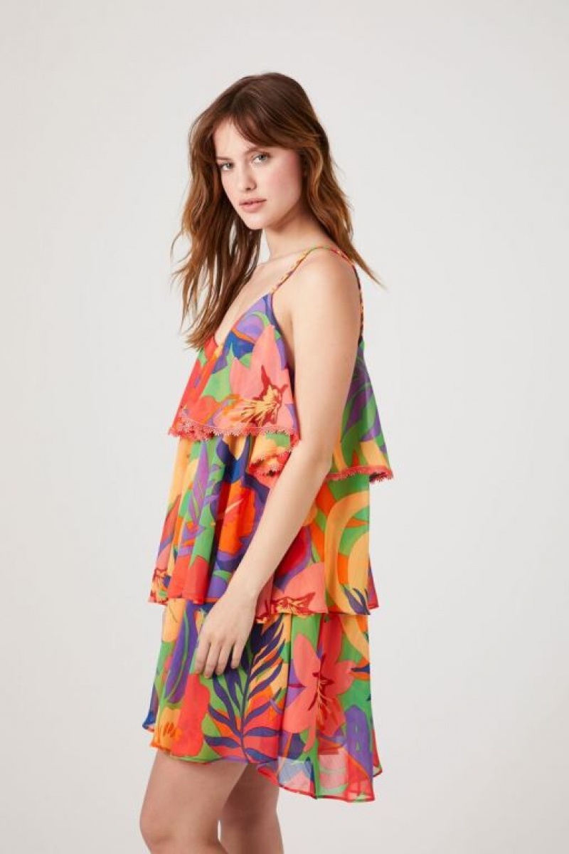 Vestido Forever 21 Tropical Print Tiered Mujer Rojas Multicolor | e820XRwOfwN