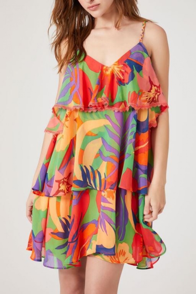 Vestido Forever 21 Tropical Print Tiered Mujer Rojas Multicolor | e820XRwOfwN