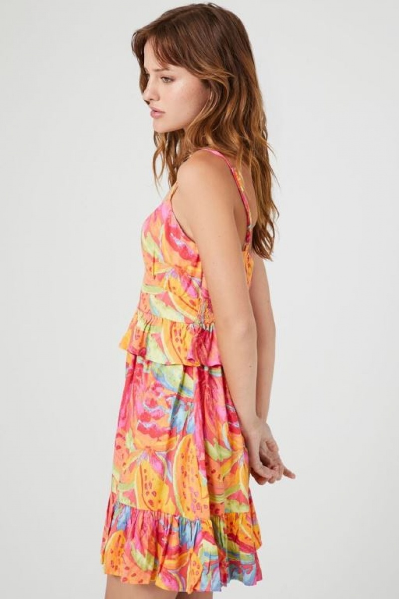 Vestido Forever 21 Tropical Ruffle Trim Mini Mujer Rosas Multicolor | 24f0mnovjBo