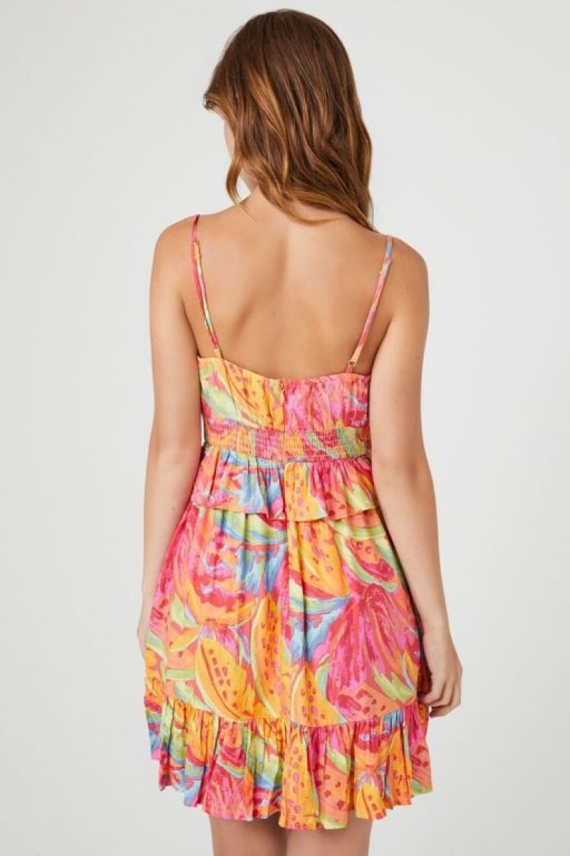 Vestido Forever 21 Tropical Ruffle Trim Mini Mujer Rosas Multicolor | 24f0mnovjBo