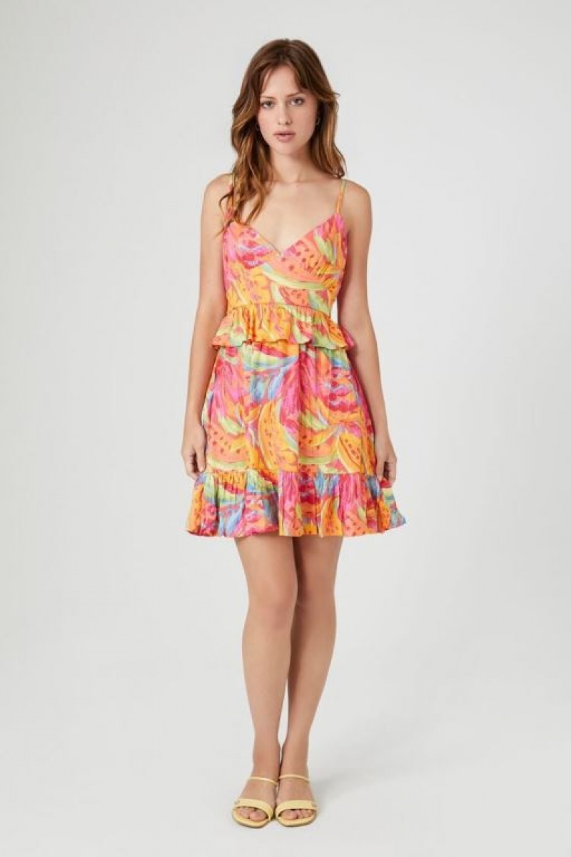 Vestido Forever 21 Tropical Ruffle Trim Mini Mujer Rosas Multicolor | 24f0mnovjBo