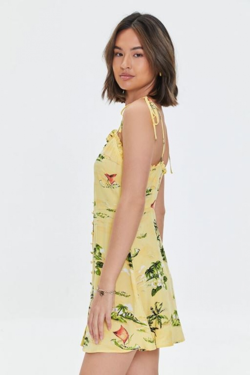 Vestido Forever 21 Tropical Ruffled Cami Mujer Amarillo Multicolor | 9v9471DLhq5