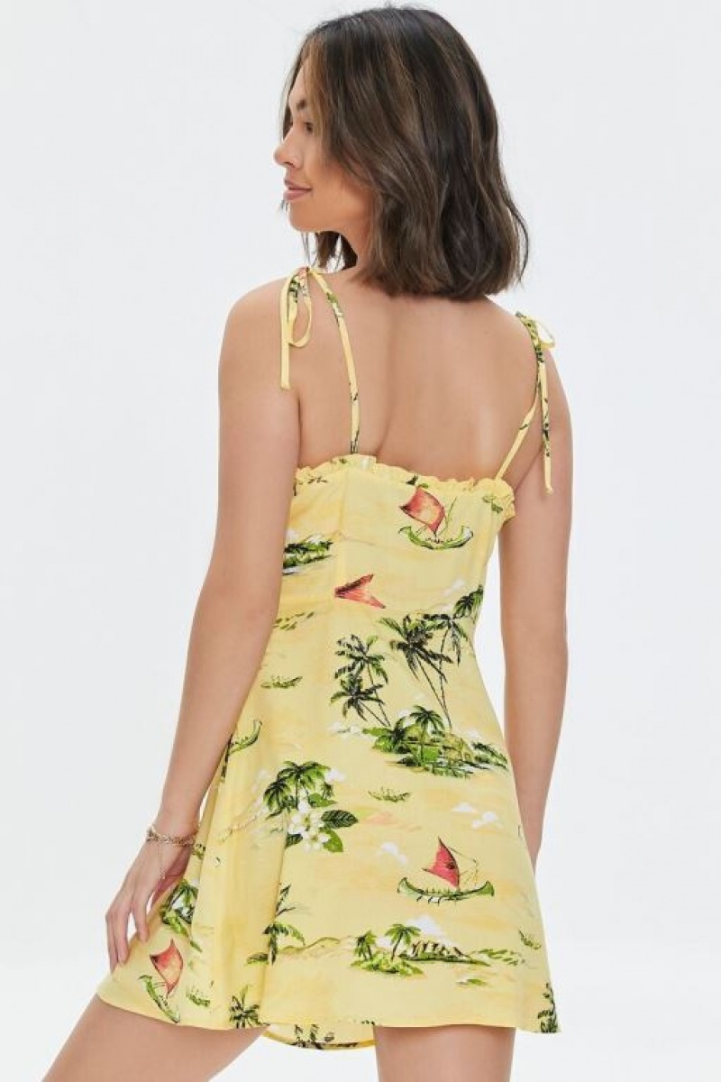 Vestido Forever 21 Tropical Ruffled Cami Mujer Amarillo Multicolor | 9v9471DLhq5