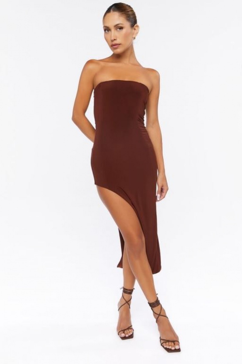 Vestido Forever 21 Tube Midi Slit Mujer Chocolate | 7WXa08HtoCM