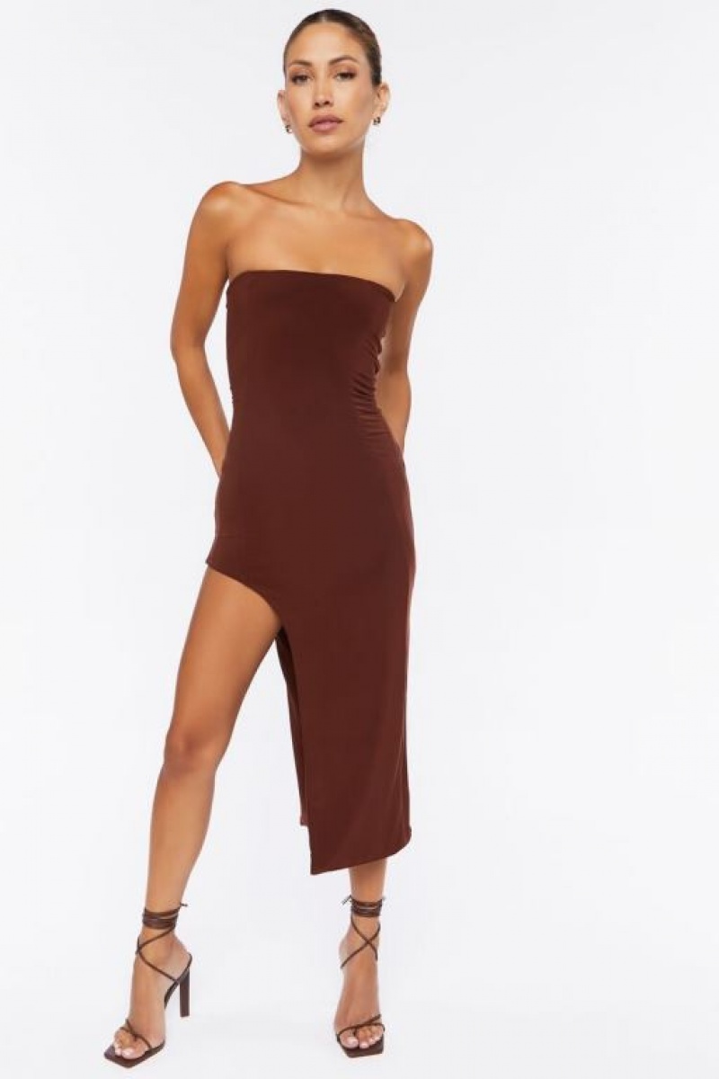 Vestido Forever 21 Tube Midi Slit Mujer Chocolate | 7WXa08HtoCM