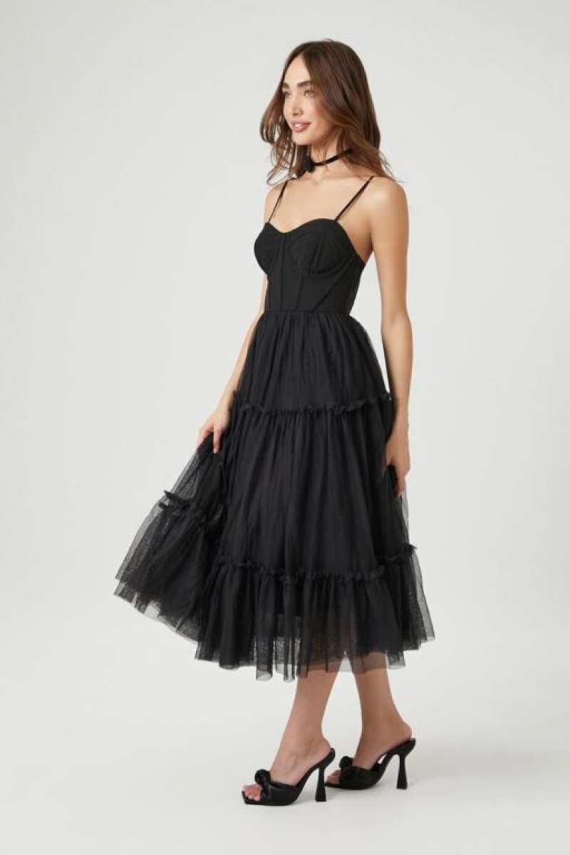 Vestido Forever 21 Tulle Ruffled Bustier Midi Mujer Negras | gQnFrtIJteY