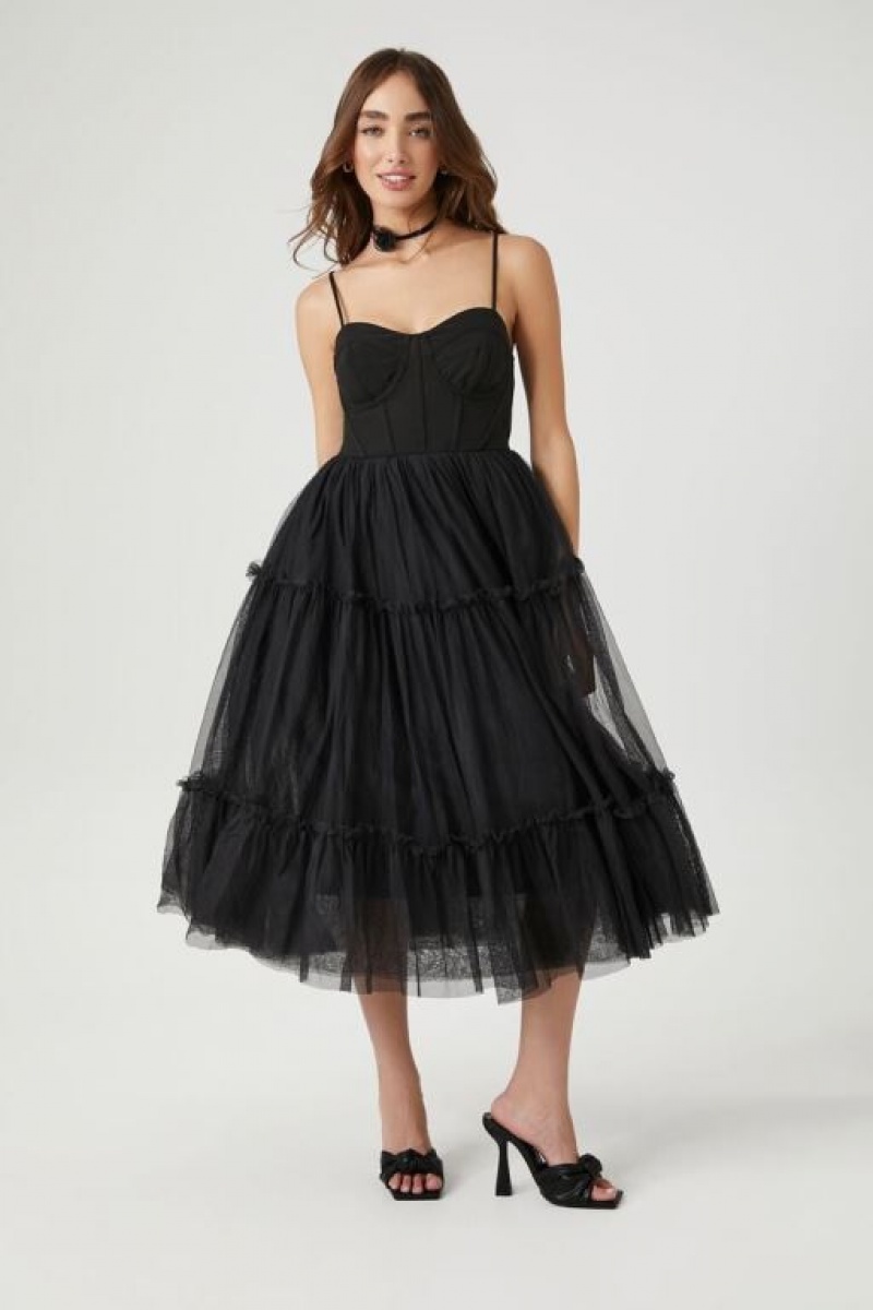 Vestido Forever 21 Tulle Ruffled Bustier Midi Mujer Negras | gQnFrtIJteY