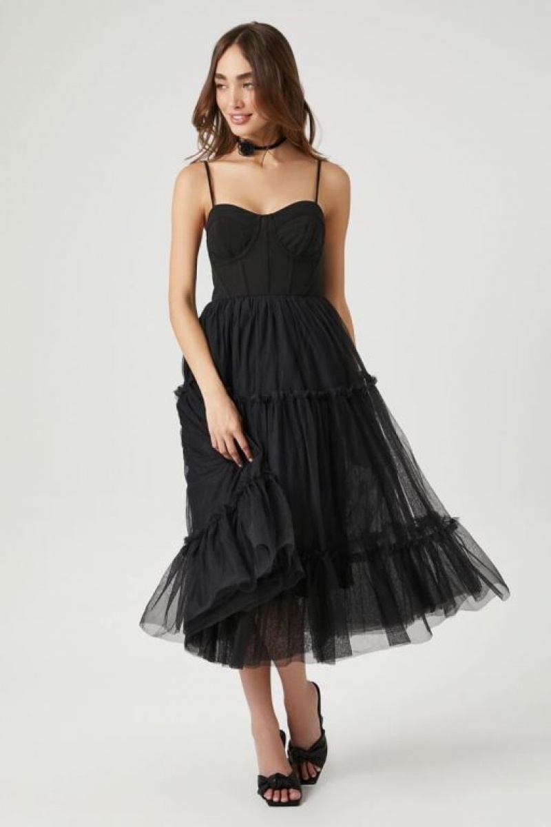 Vestido Forever 21 Tulle Ruffled Bustier Midi Mujer Negras | gQnFrtIJteY