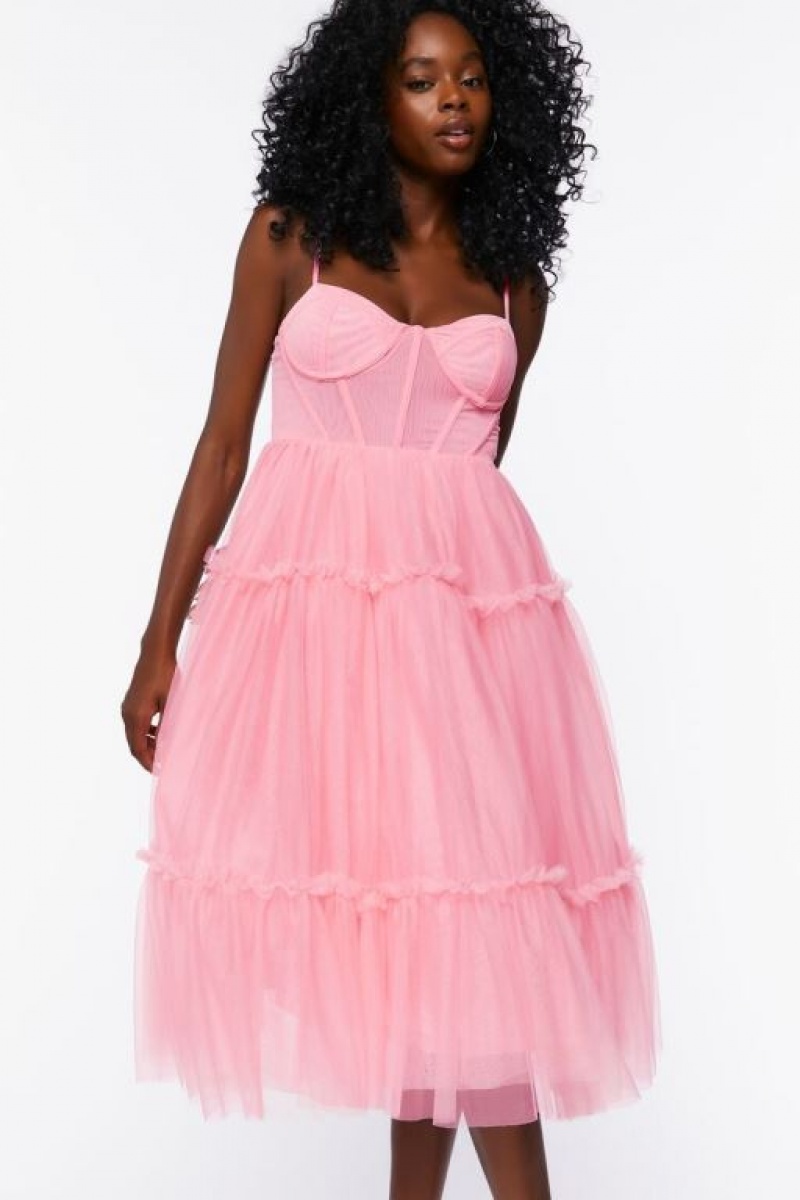 Vestido Forever 21 Tulle Ruffled Bustier Midi Mujer Rosewater | u8MtwSsqQQO