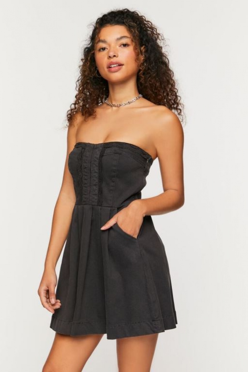 Vestido Forever 21 Twill Crochet Trim Strapless Mini Mujer Negras | 4U7MQvnk2xO