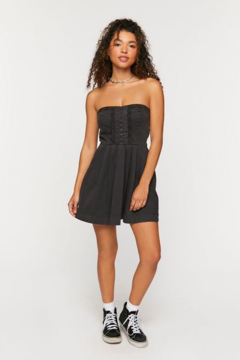 Vestido Forever 21 Twill Crochet Trim Strapless Mini Mujer Negras | 4U7MQvnk2xO