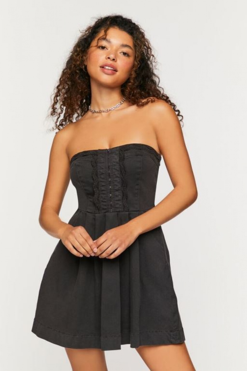 Vestido Forever 21 Twill Crochet Trim Strapless Mini Mujer Negras | 4U7MQvnk2xO