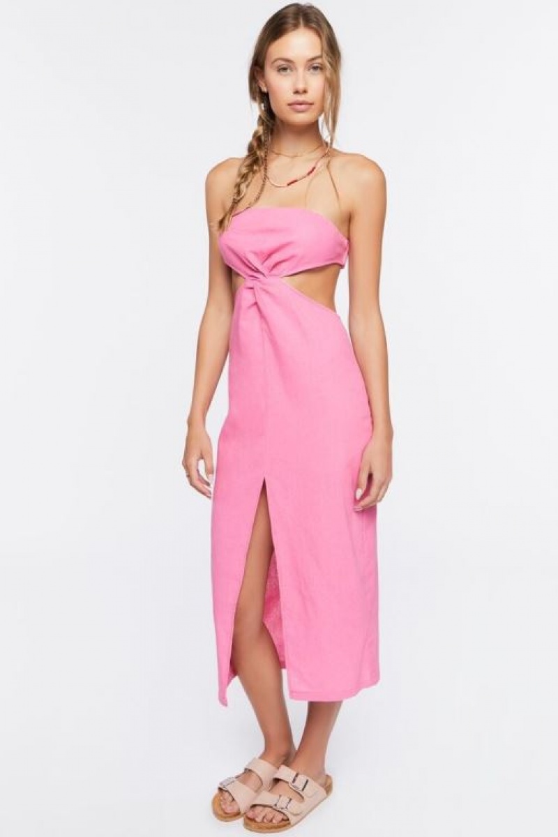 Vestido Forever 21 Twisted Strapless Midi Mujer Rosas | qZgzWi3lUTj