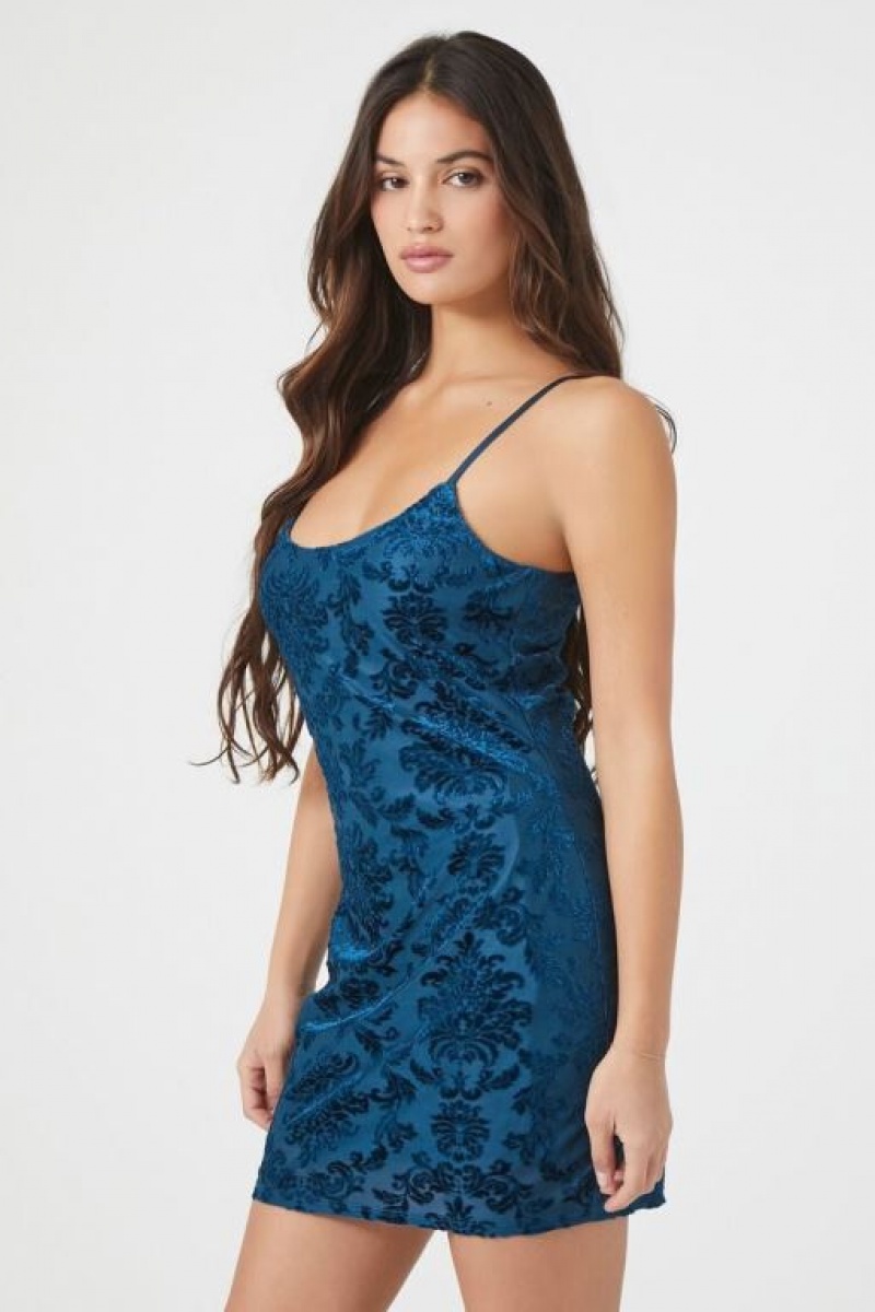 Vestido Forever 21 Velvet Baroque Cami Mini Mujer Azules | 8DGfwWwaeHE