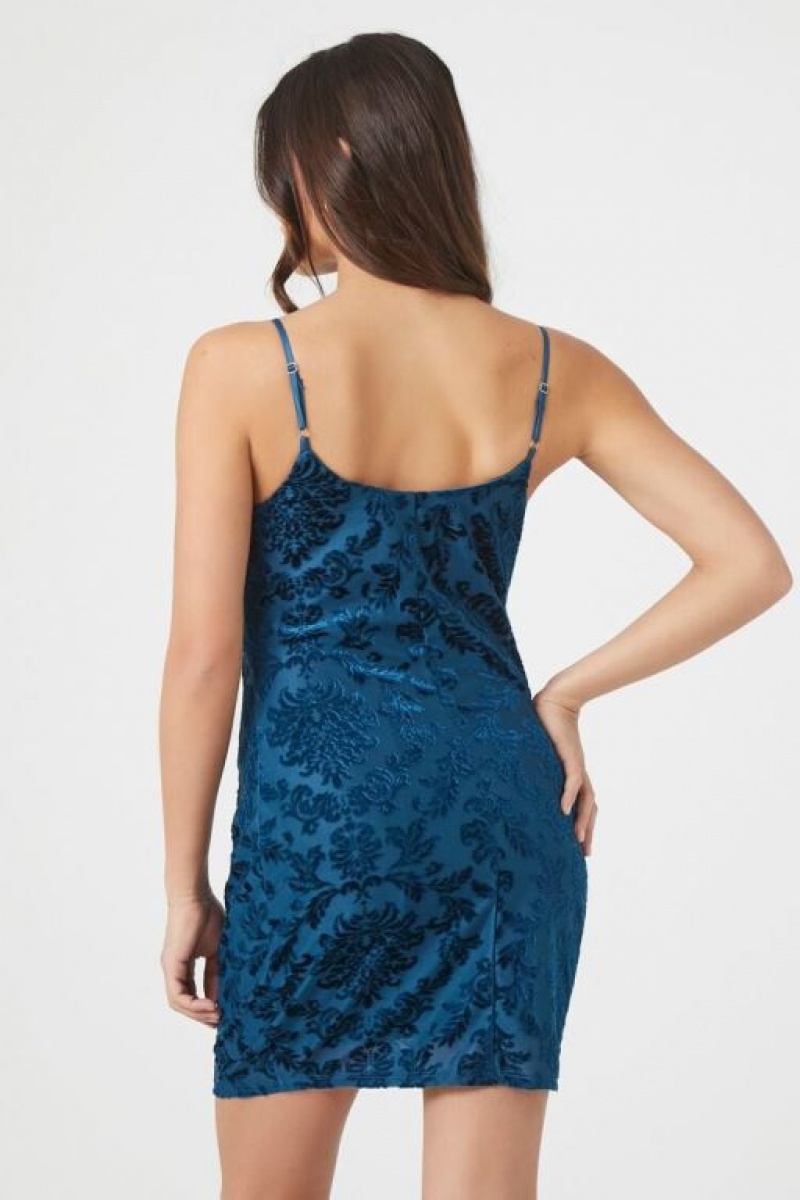 Vestido Forever 21 Velvet Baroque Cami Mini Mujer Azules | 8DGfwWwaeHE