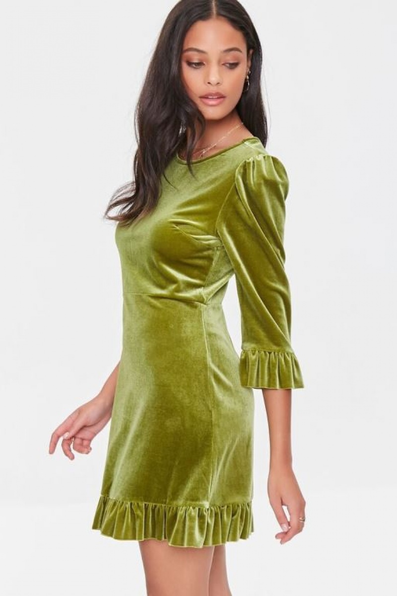 Vestido Forever 21 Velvet Flounce Mini Mujer Verde Oliva | 3NsqwHo6a65