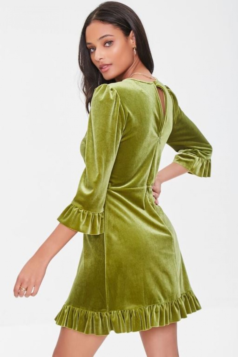 Vestido Forever 21 Velvet Flounce Mini Mujer Verde Oliva | 3NsqwHo6a65