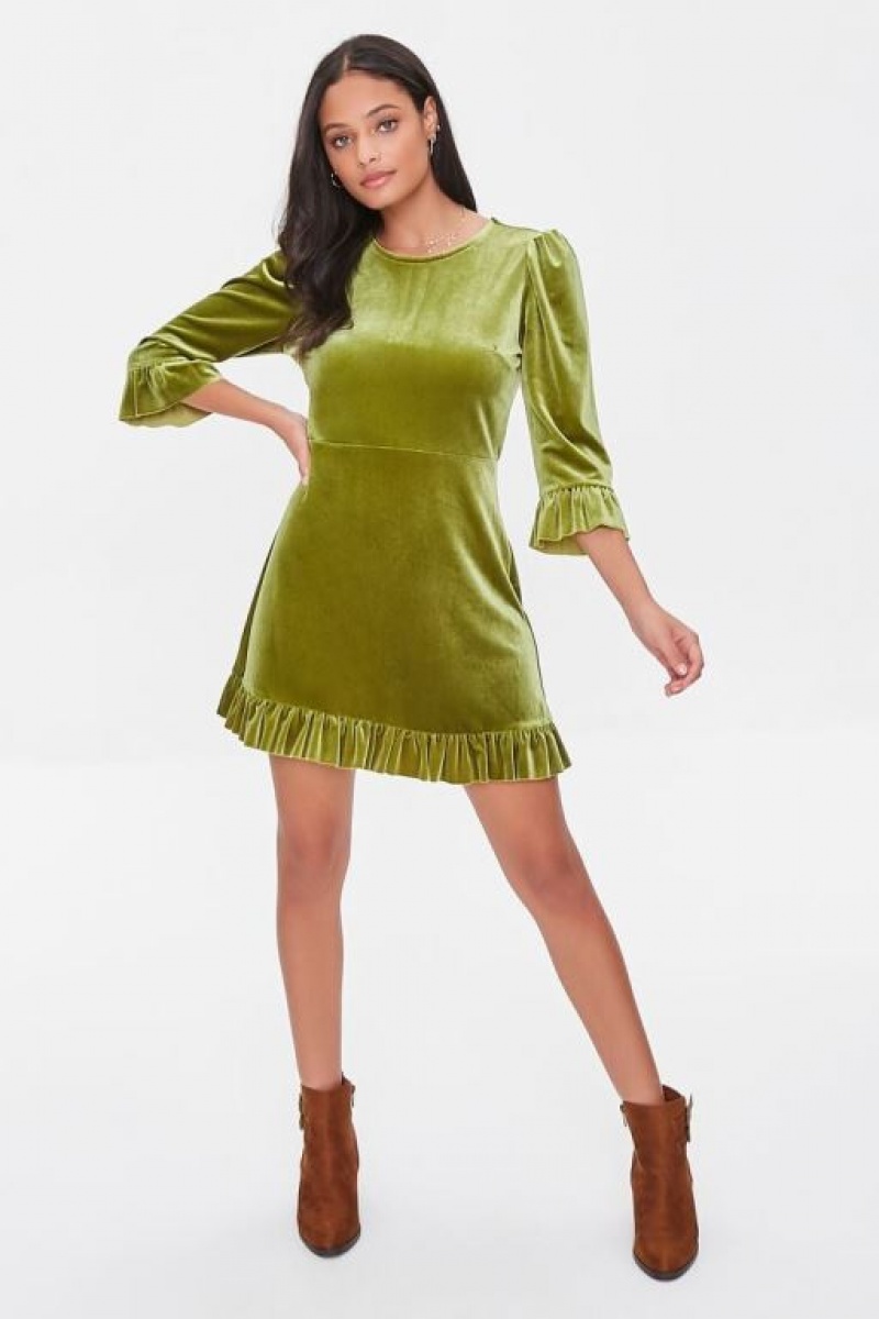 Vestido Forever 21 Velvet Flounce Mini Mujer Verde Oliva | 3NsqwHo6a65