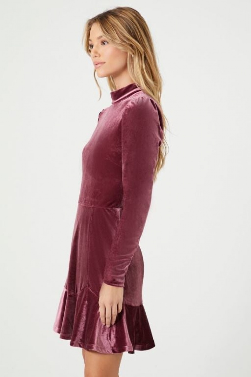 Vestido Forever 21 Velvet Flounce Mini Mujer Burdeos | 4ZHHyfl1iAN