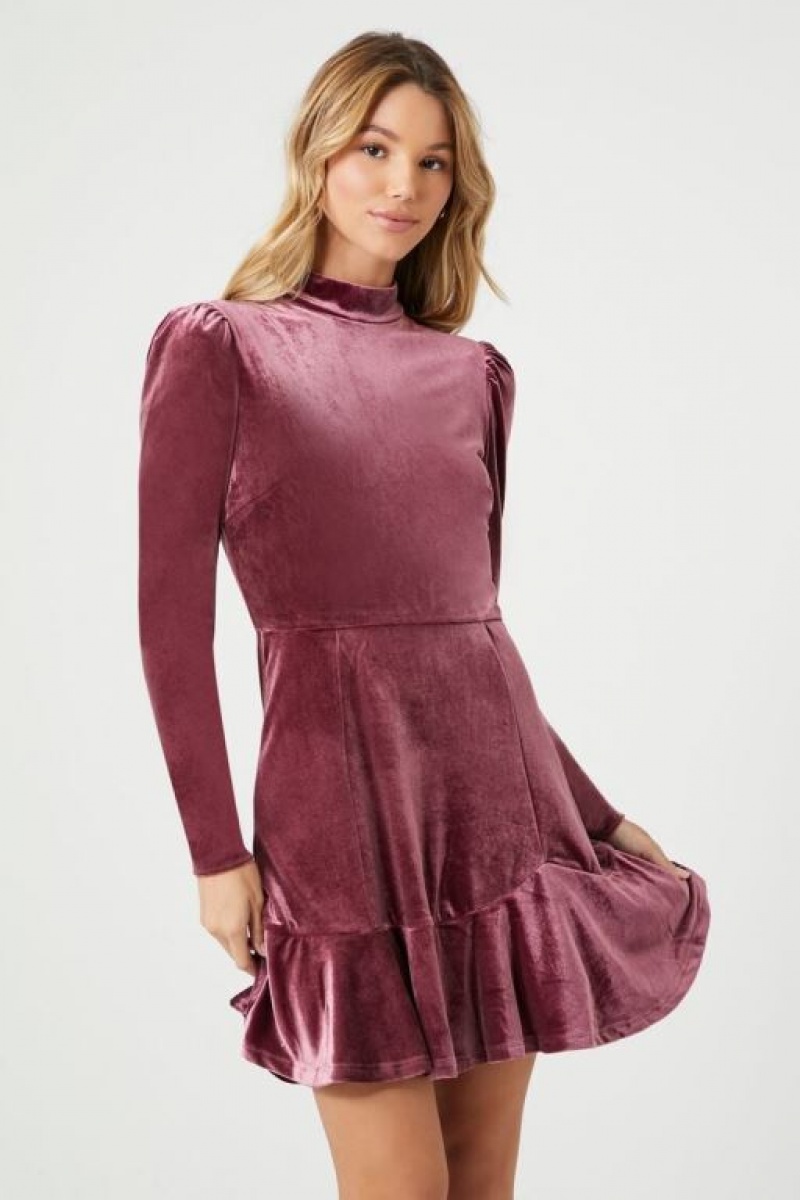 Vestido Forever 21 Velvet Flounce Mini Mujer Burdeos | 4ZHHyfl1iAN