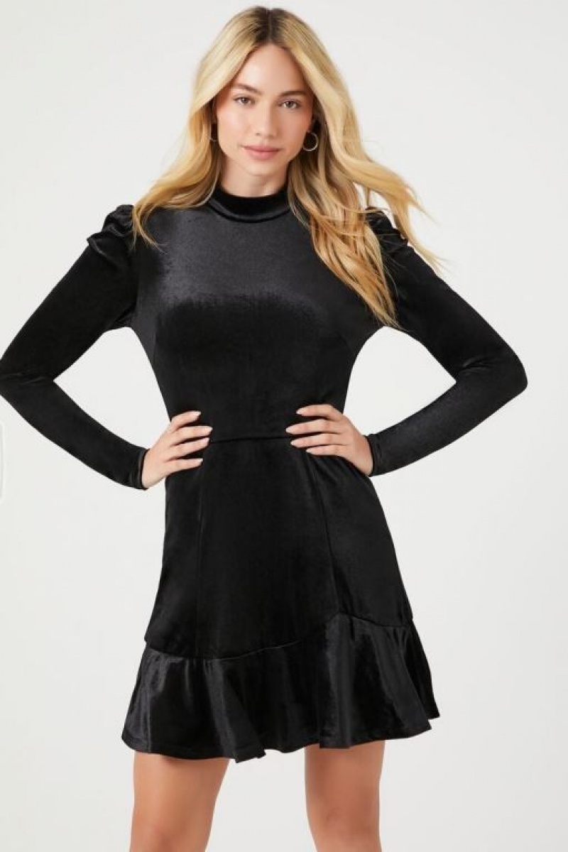 Vestido Forever 21 Velvet Flounce Mini Mujer Negras | zYHhGKxMjT7