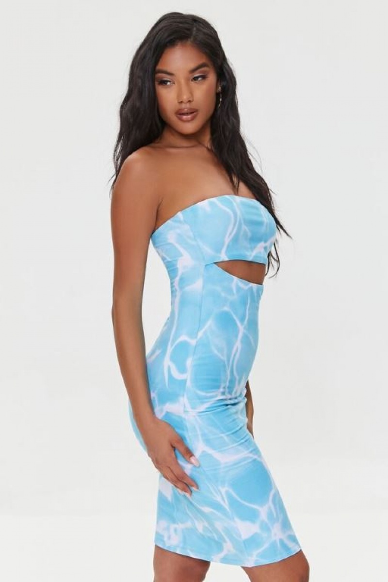 Vestido Forever 21 Water Print Cutout Tube Mujer Azules Multicolor | ZHAaEqvVmuh